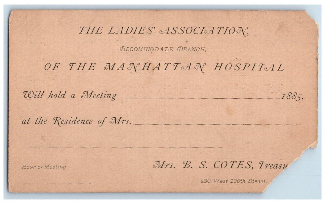 1885 The Ladies Association Of The Manhattan Hospital New York City NY Postcard