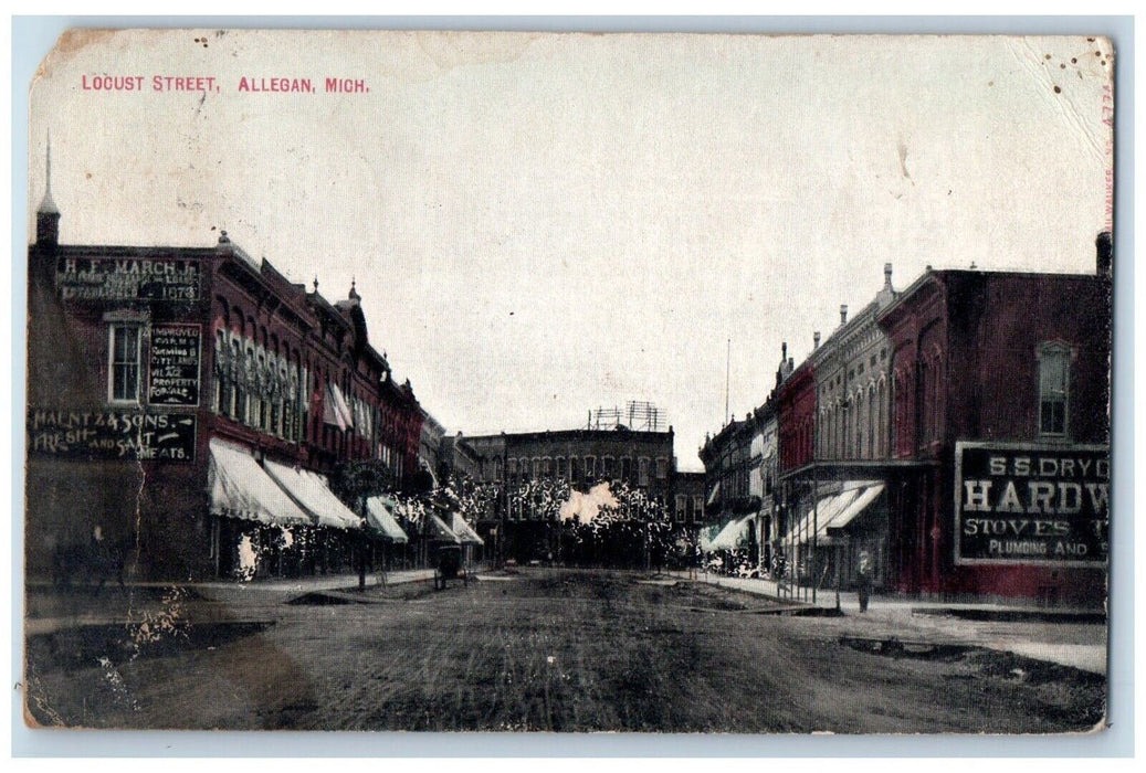 1912 Locust Street Hardware Stores Dirt Road Allegan Michigan MI Posted Postcard