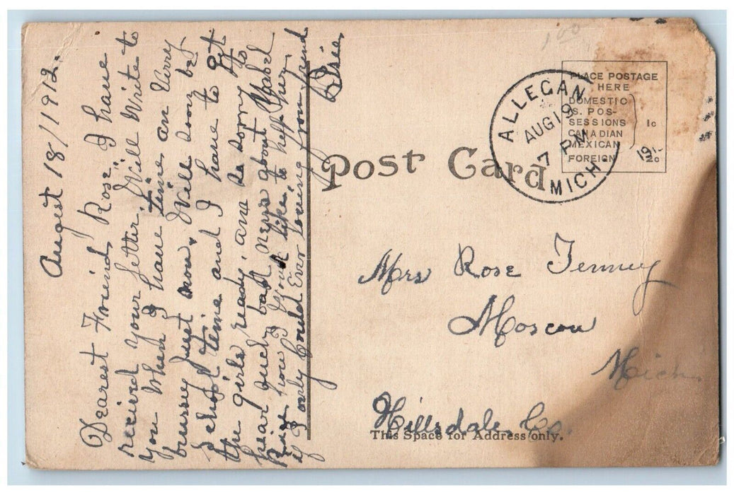 1912 Locust Street Hardware Stores Dirt Road Allegan Michigan MI Posted Postcard