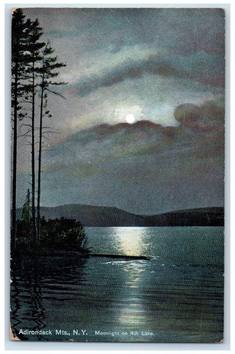 1909 Moonlight on 4th Lake Adirondack Mountains NY Ausable Forks NY Postcard