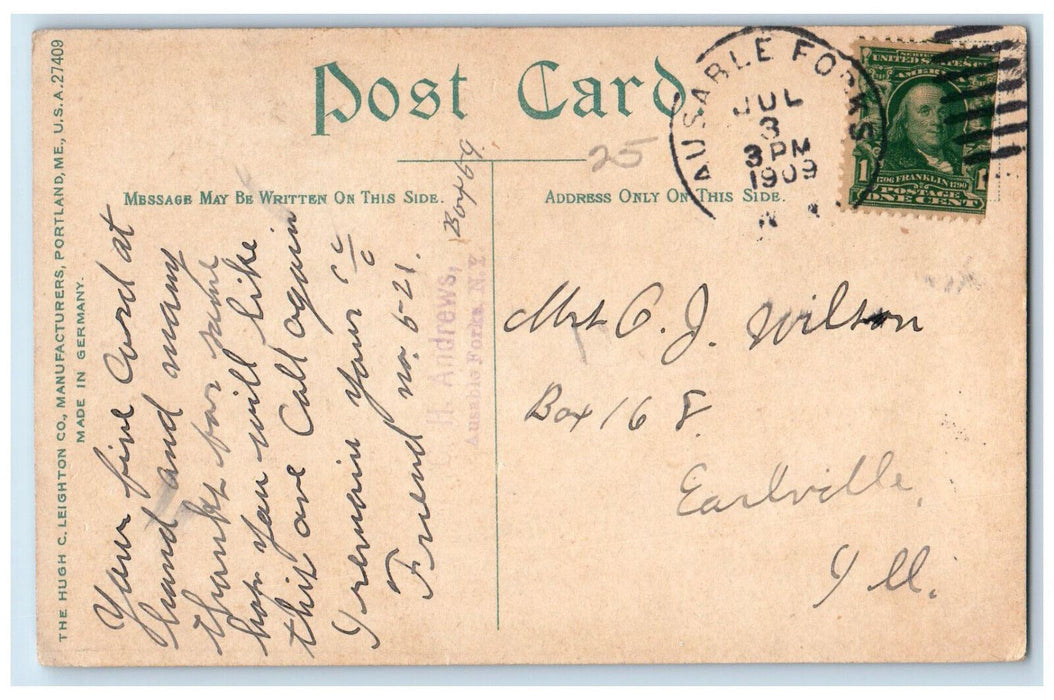 1909 Moonlight on 4th Lake Adirondack Mountains NY Ausable Forks NY Postcard