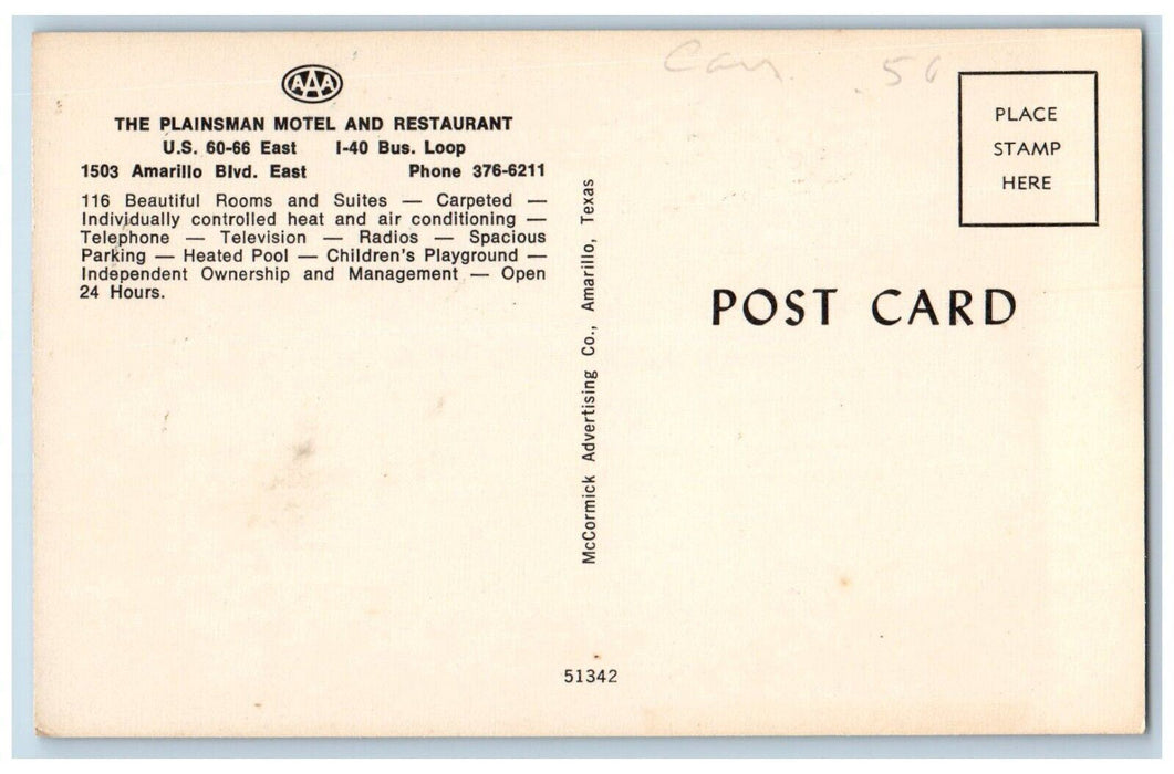 The Plainsman Hotel And Restaurant And Swimming Pool Amarillo Texas TX Postcard