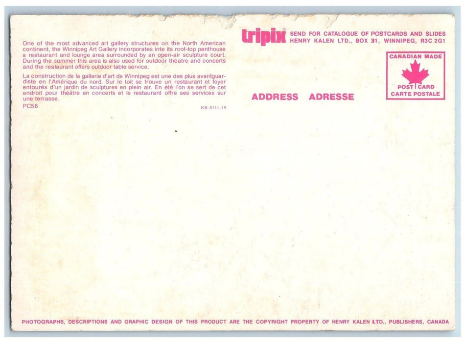 Winnipeg Gallery Winnipeg Manitoba Canada, Dual View Unposted Vintage Postcard