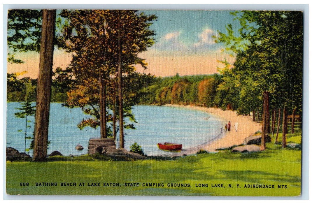 1943 Bathing Beach at Lake Eaton Boat Scene Long Lake New York NY Postcard