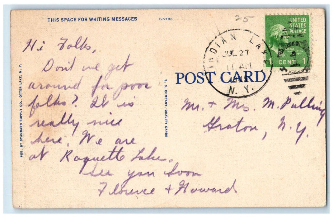 1943 Bathing Beach at Lake Eaton Boat Scene Long Lake New York NY Postcard