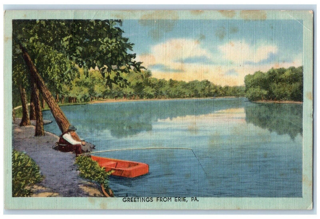 c1930's Greetings From Erie Pennsylvania PA, Man Fishing Boat Vintage Postcard