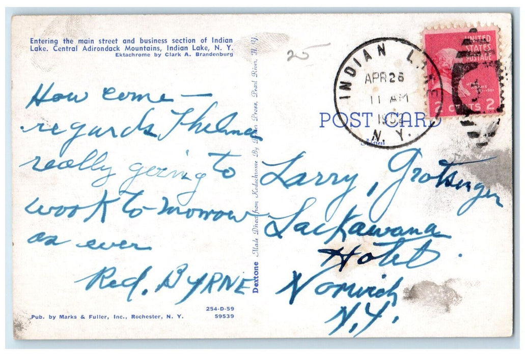 1952 Entering Main Street Business Secion Indian Lake Adirondacks NY Postcard
