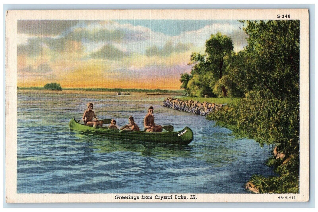 c1930's Greetings From Crystal Lake Illinois IL, Alona Canoeing Boat Postcard