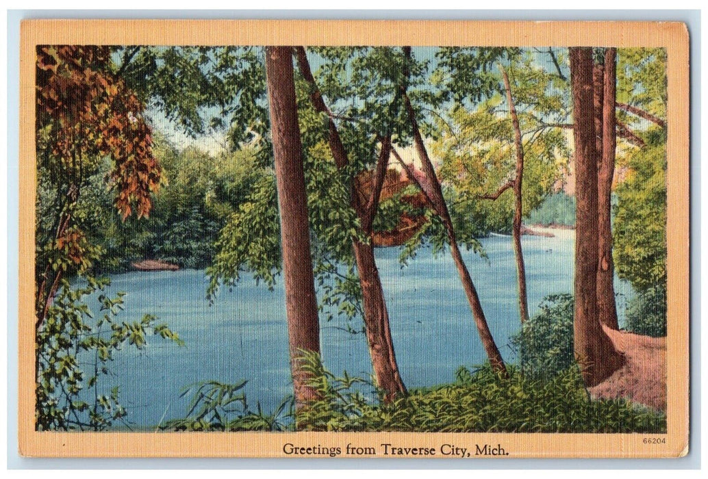 c1930's Greetings From Traverse City Michigan MI, Lake And Trees View Postcard