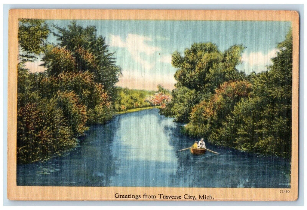 c1930's Greetings From Traverse City Michigan MI, Canoeing Scene Postcard