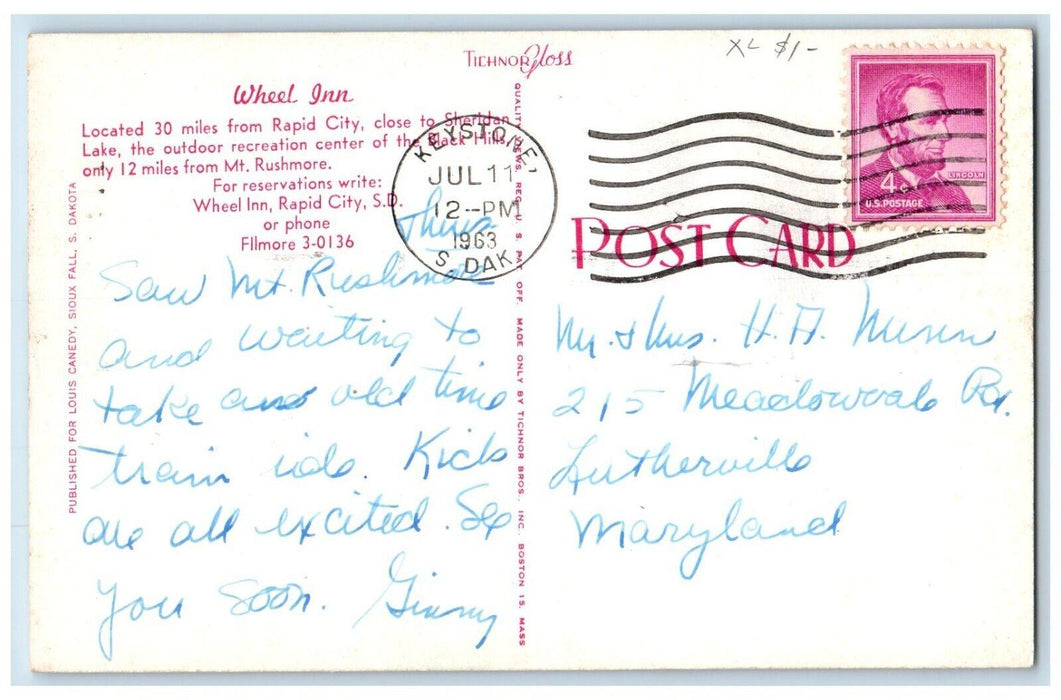 1963 Wheel Inn Hotel Motel Rapid City Keystone South Dakota SD Vintage Postcard