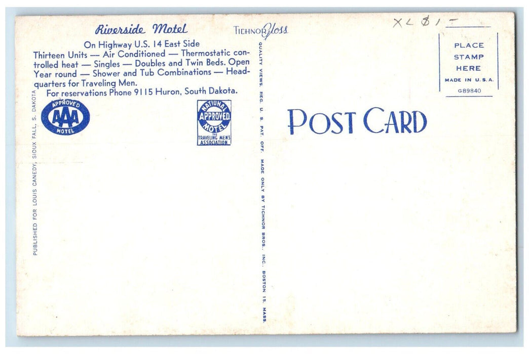 c1950's Riverside Motel Huron South Dakota SD Unposted Vintage Postcard