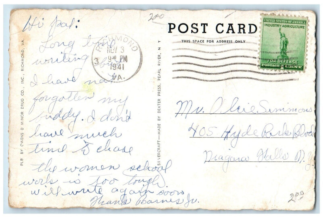 1941 Virginia Union University Showing Pickford Hall Coburn Richmond VA Postcard