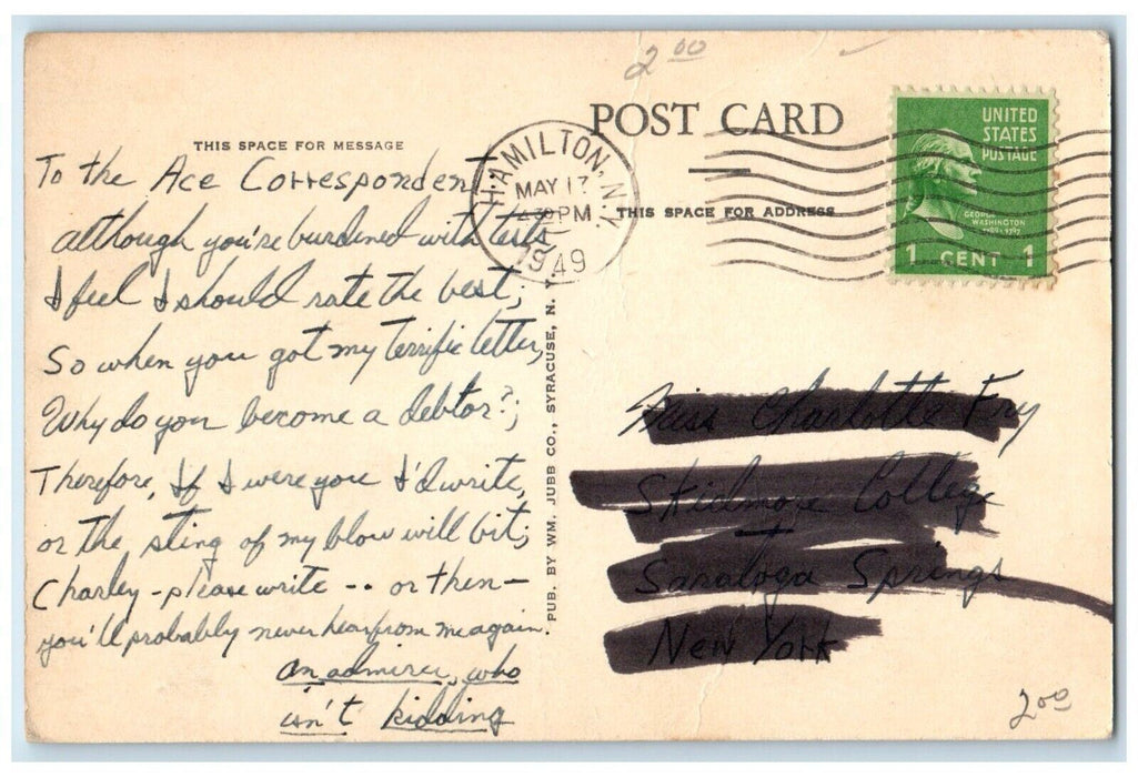 1949 Sigma Nu Fraternity House Colgate University Hamilton New York NY Postcard