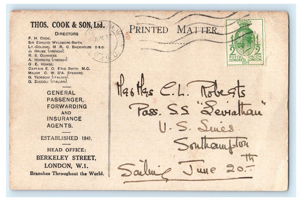 1929 Thos. Cook & Son Ltd. London Secretary Letter England Postcard