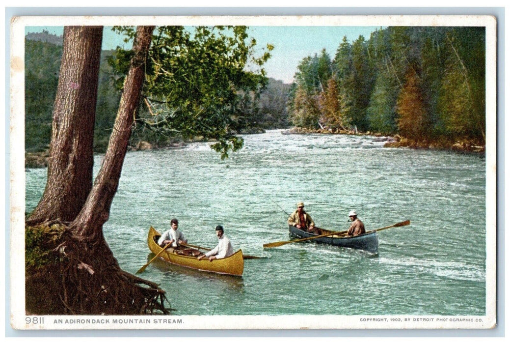 c1910 Adirondack Mountain Stream Lake River Canoe Paddle Boat New York Postcard