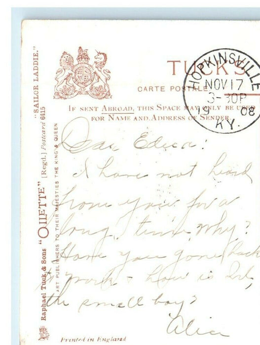 1908 Tuck's Oilette Sailor Boat Laddie J Howard Payne Signed Postcard