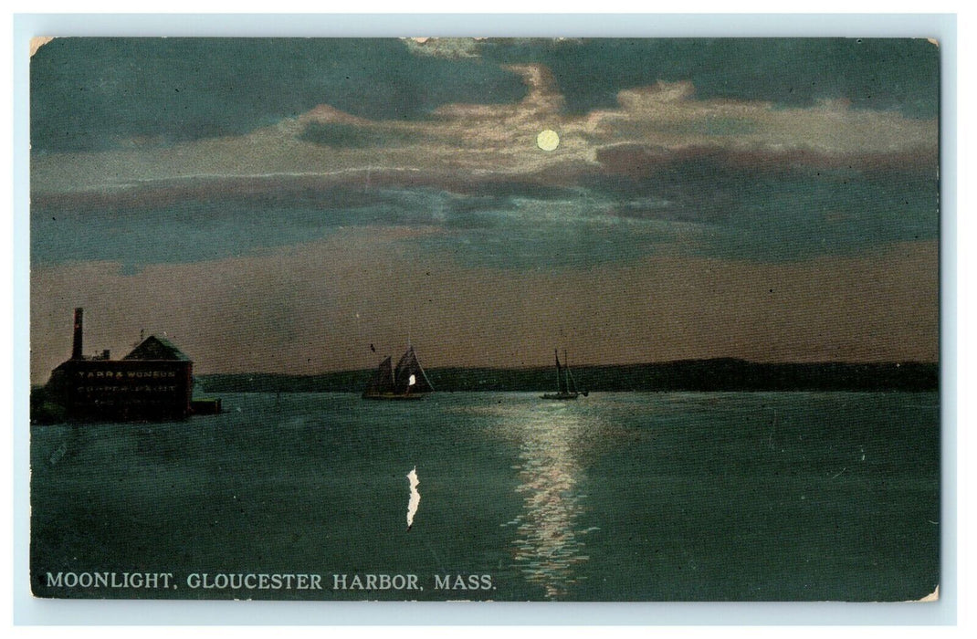 1910 Moonlight Showing at Gloucester Harbor, Massachusetts, MA Postcard