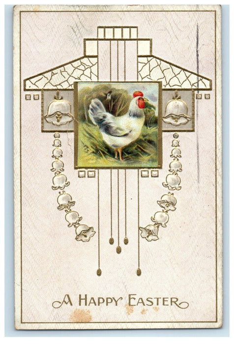 1910 Easter Greetings Chicken Hen Art Nouveau Flowers Embossed Antique Postcard