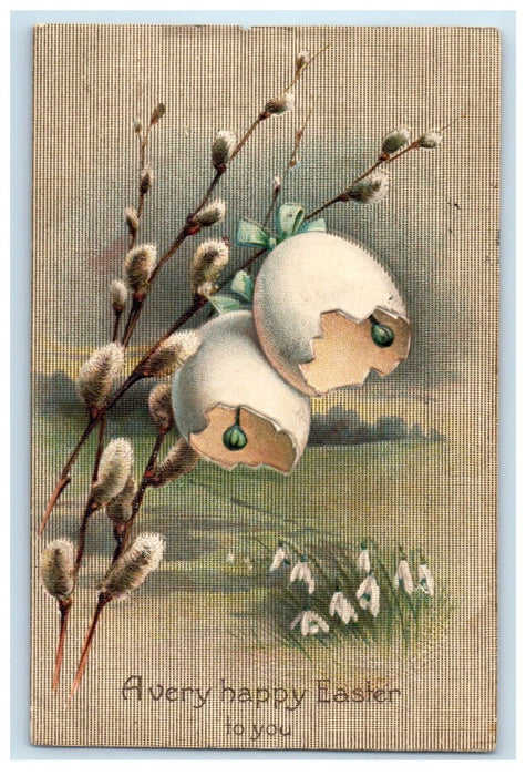 1910 Easter Greetings Clapsaddle (?) Hanging Hatched Eggs Embossed Postcard