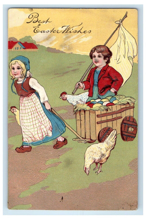 1907 Easter Wishes Boy And Girl Pulling Cart Chicken Hen Eggs Embossed Postcard