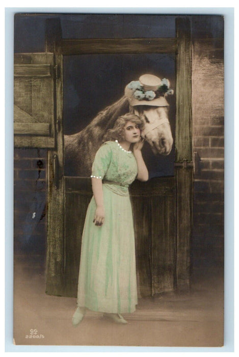 c1910' s Victorian Pretty Girl Dress Horse Barn RPPC Tinted Germany Postcard
