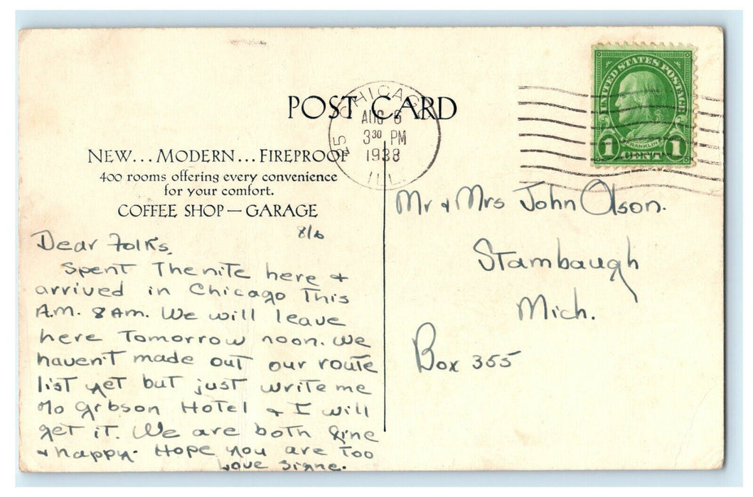 1938 Sketched Hotel Gary, Gary Indiana IN Vintage Postcard