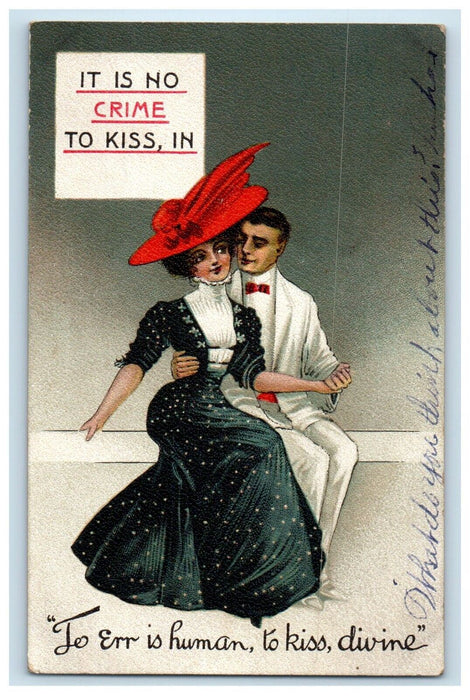 1910 A Couple Big Hat Bow Tie It Is No Crime To Kiss In New Millport PA Postcard