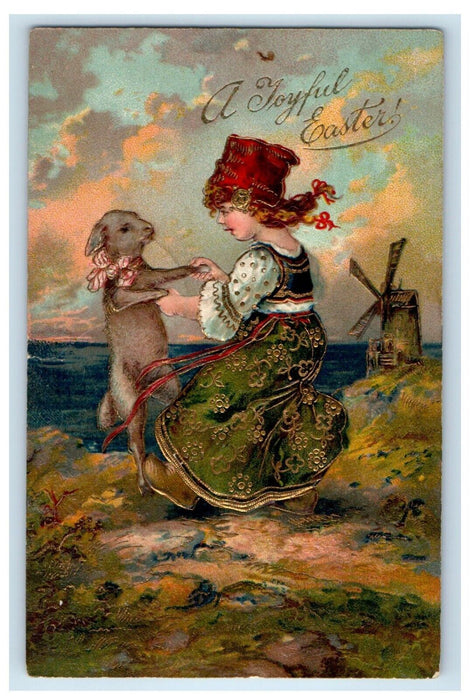 1907 Easter Greetings Girl And Lamb Windmill Embossed Posted Antique Postcard