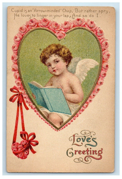 1910 Valentine Greetings Big Heart Cherub Angel Book Flowers Embossed Postcard