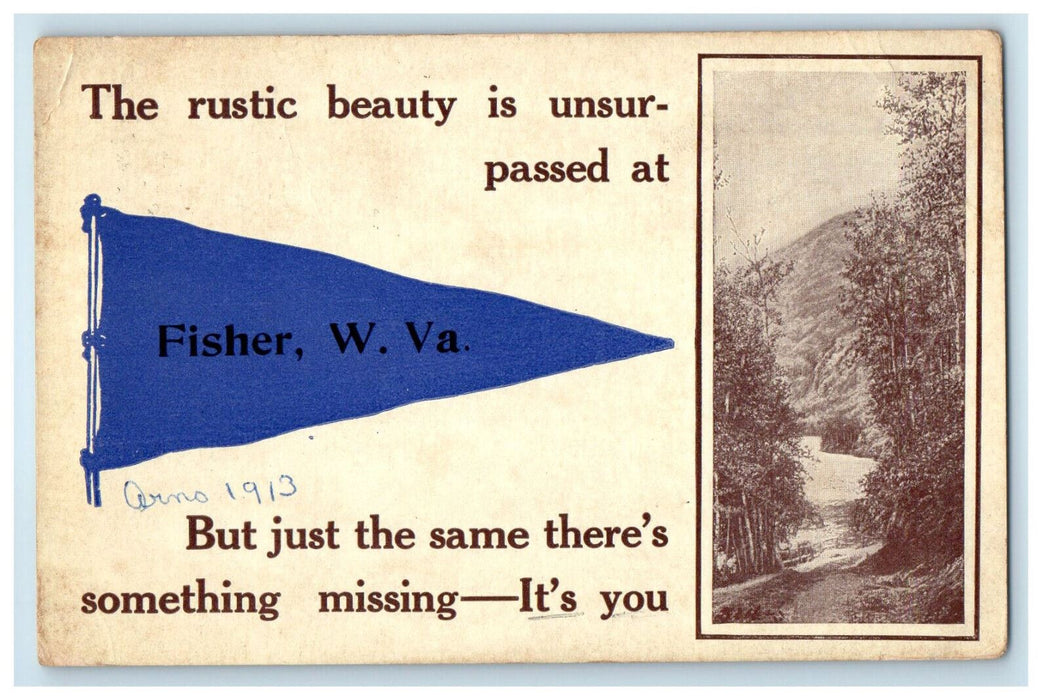 1913 Scene of Mountain and Trees, Fisher West Virginia WV Blue Pennant Postcard