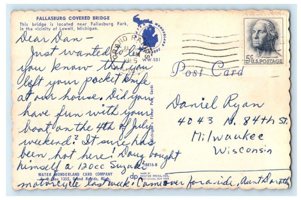 1966 Fallasburg Covered Bridge Posted Lowell Michigan MI Posted Postcard