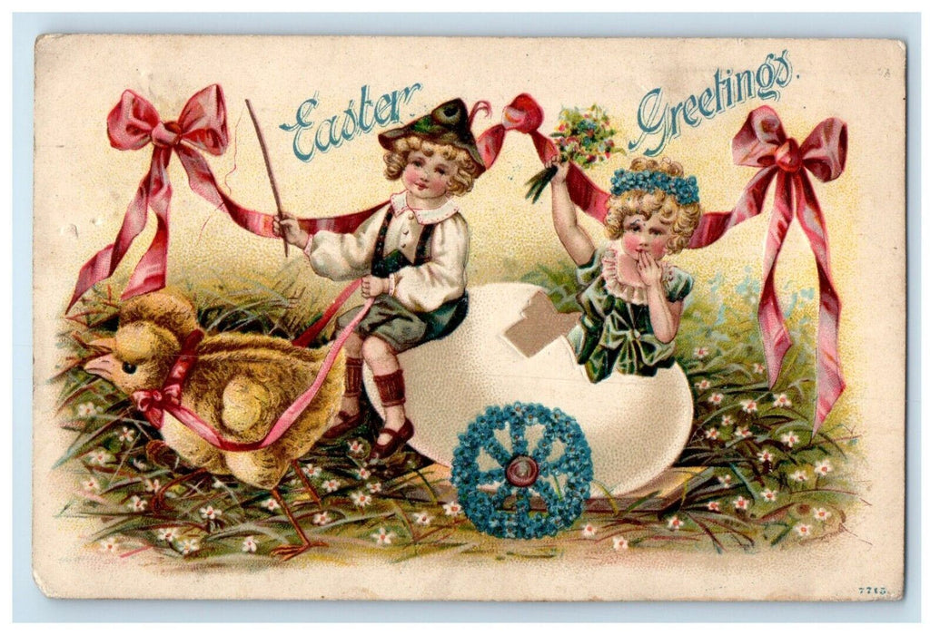 1907 Easter Greetings Boy Girl In Hatched Egg Cart Pulling Chicks Postcard