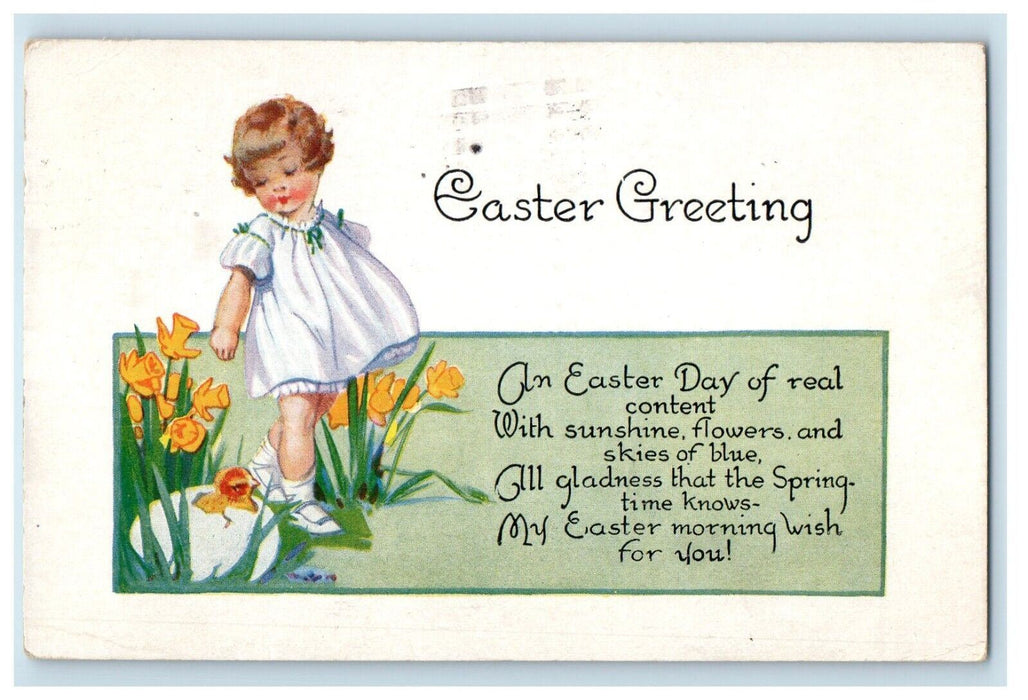 1921 Easter Greetings Poem Cute Little Girl Yellow Flowers Winsch Back Postcard