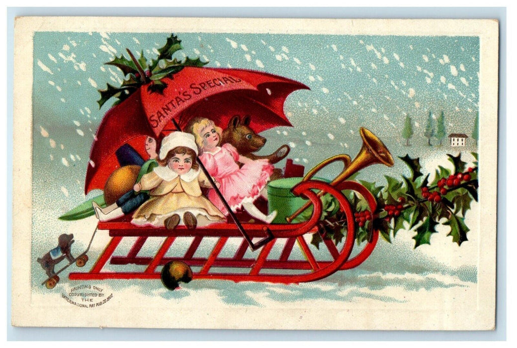 Santa's Special Sleigh Holly Dog Skate  International Art Pub. Embossed Postcard