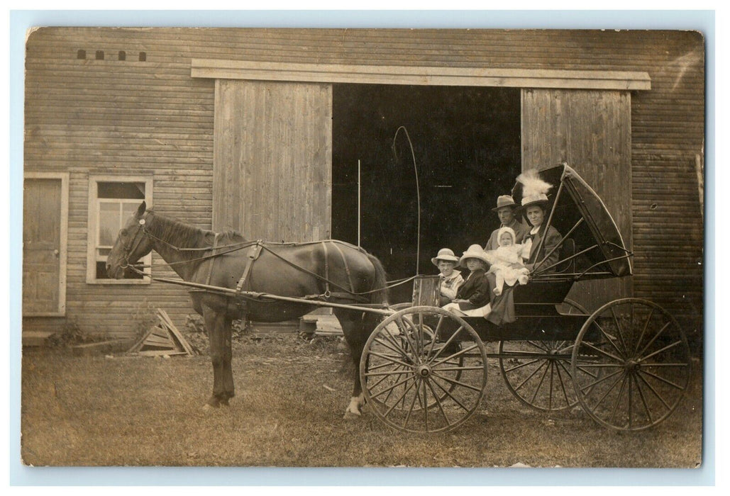 c1910 Horse Buggy Family Children Baby Victorian Hat Barn RPPC Photo Postcard