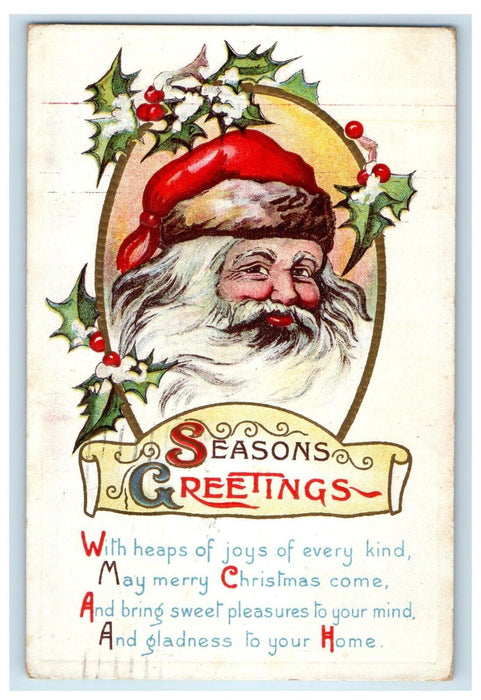 1920 Christmas Greetings Santa Claus Head Holly Winsch Back Embossed Postcard