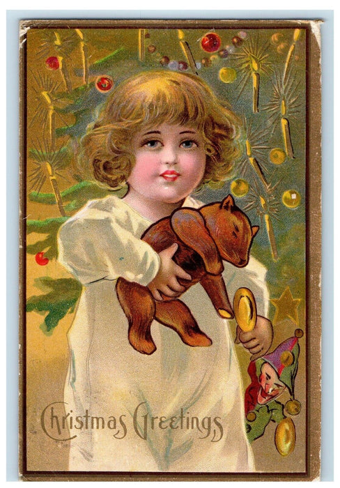 1908 Christmas Greetings Cute Little Boy Jester Clown Bear Embossed Postcard