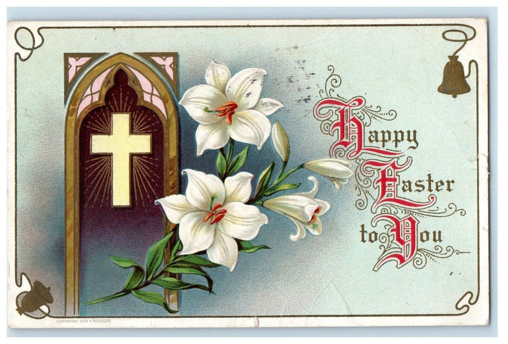 1910 A Happy Easter Greetings Cross Lilly Flowers Embossed Antique Postcard