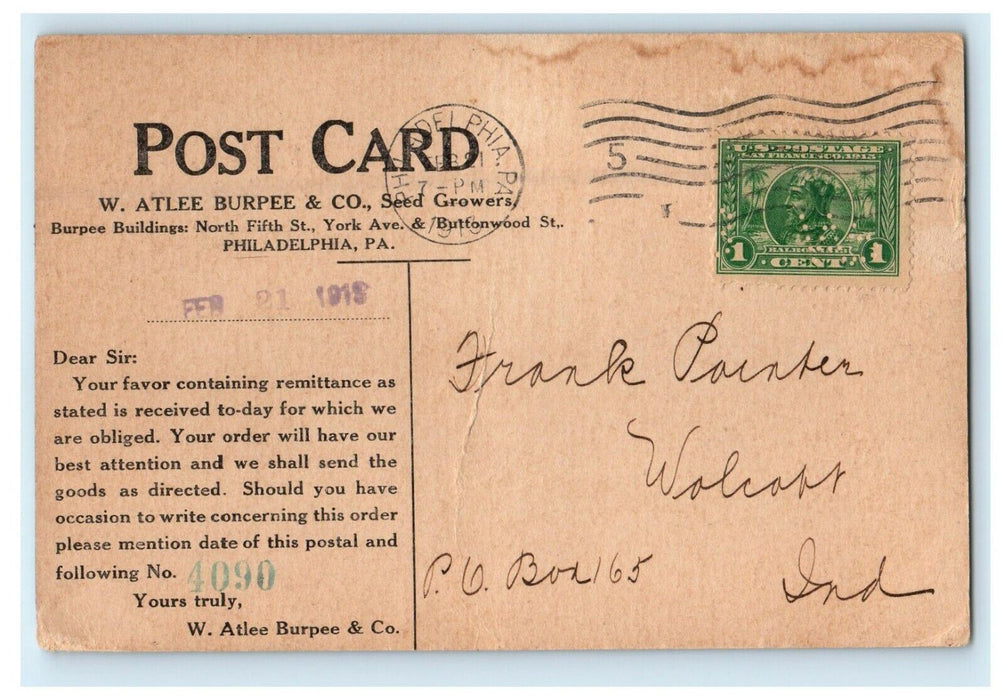 1913 Fordhook Farms Office Atlee Burpee Co. Seed Advertising Order Postcard