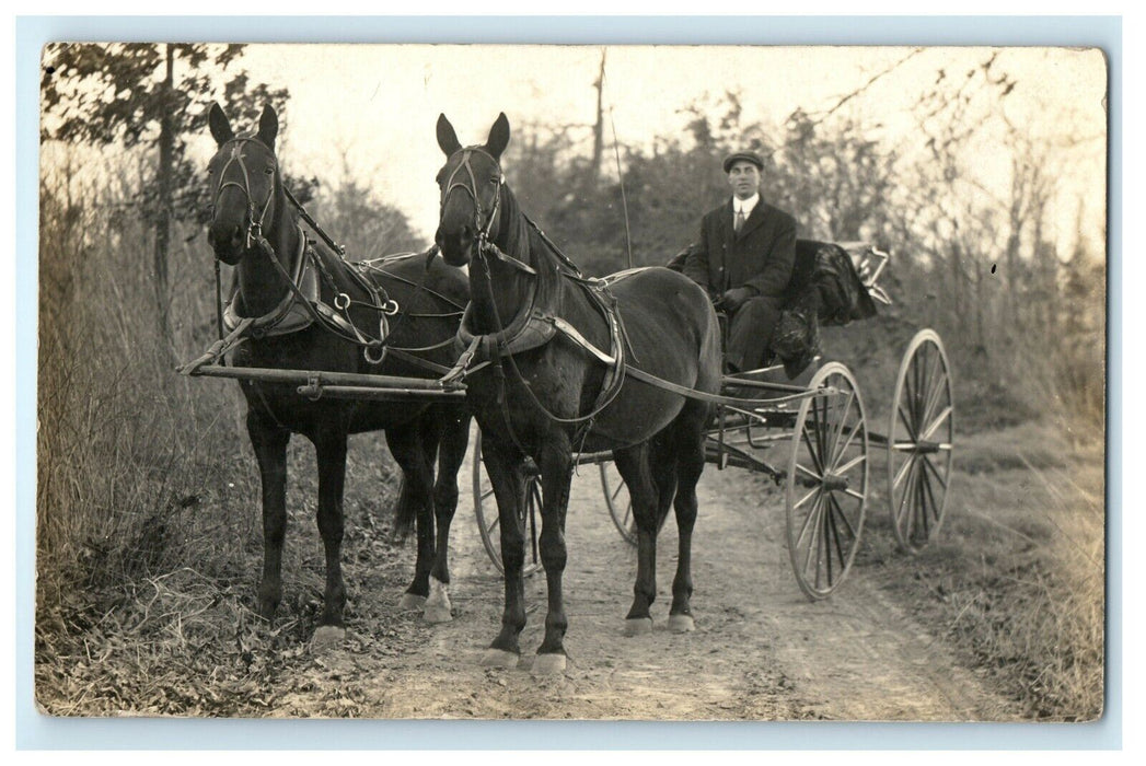 c1910 Man in Suit Horse Stables Farm Wood Fence RPPC Photo Postcard