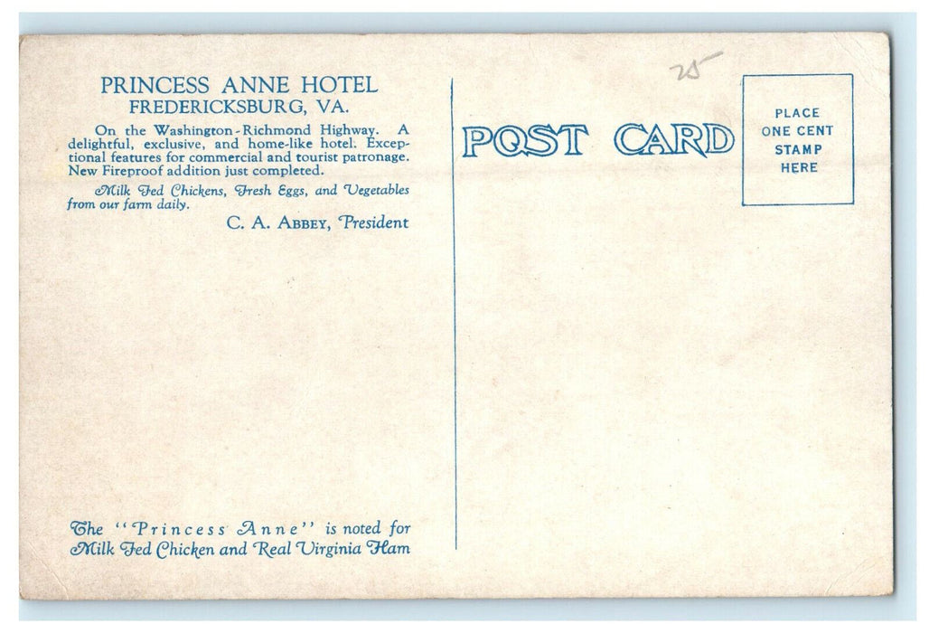 c1920s Princess Anne Hotel, Fredericksburg Virginia VA Unposted Postcard