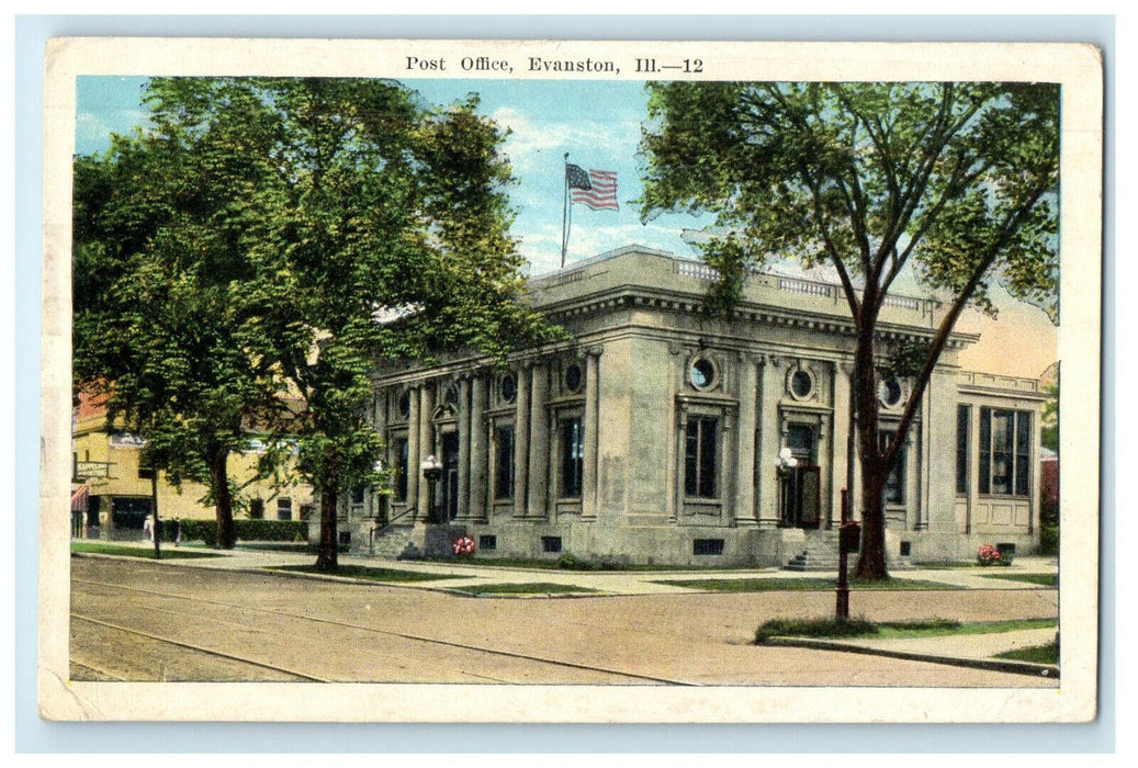 c1920s Flag Standing on Top of Post Office Evanston Illinois IL Postcard