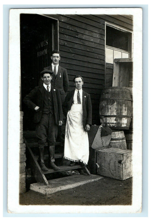 c1910 Employees Standing Outside Game Room Crates Barrels RPPC Photo Postcard