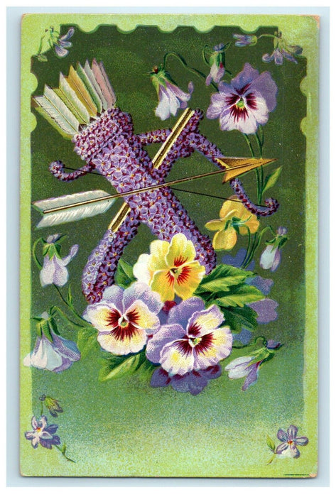 c1910's Purple Flowers Pansies Bow And Arrow Crossbow Quiver Germany Postcard