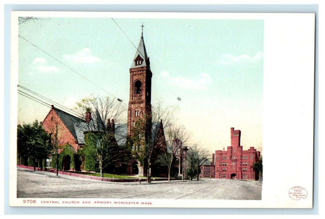 1905 Central Church and Armory, Worcester, Massachusetts MA Antique Postcard