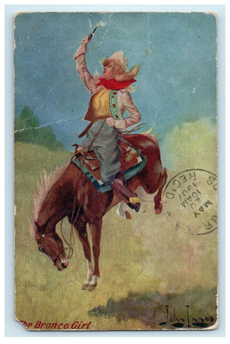 1907 The Bronco Girl Riding Horse Shoot Troilene John Innes Signed Postcard