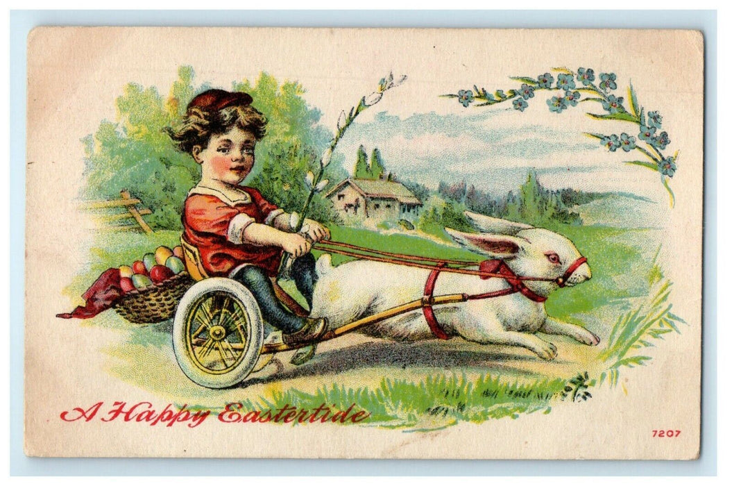 c1910's Greetings Eastertide Rabbit Pulling Cart Boy Basket Eggs Postcard