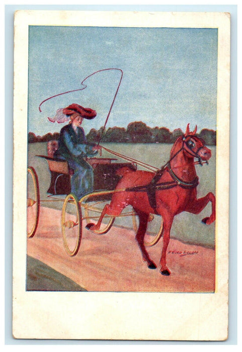 c1910's Girl In Dress Big Hat Horse And Buggy Antique Postcard