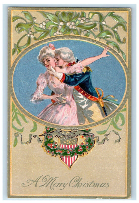 c1910's A Merry Christmas Royalty Couple Dancing Colonial Embossed Postcard